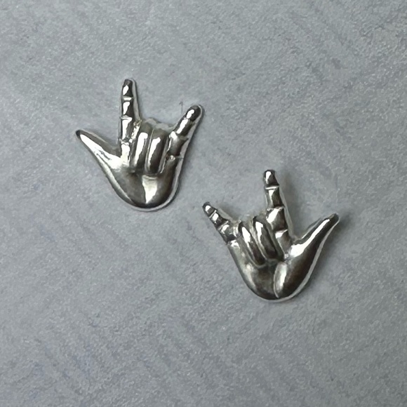 Sterling Silver I Love You ASL Sign Simple Stud Earrings - Picture 3 of 14
